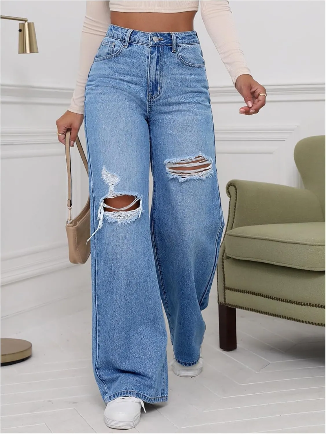 WDIRARA Women's High Waisted Ripped Straight Leg Jeans Cut Out Button Denim Pants