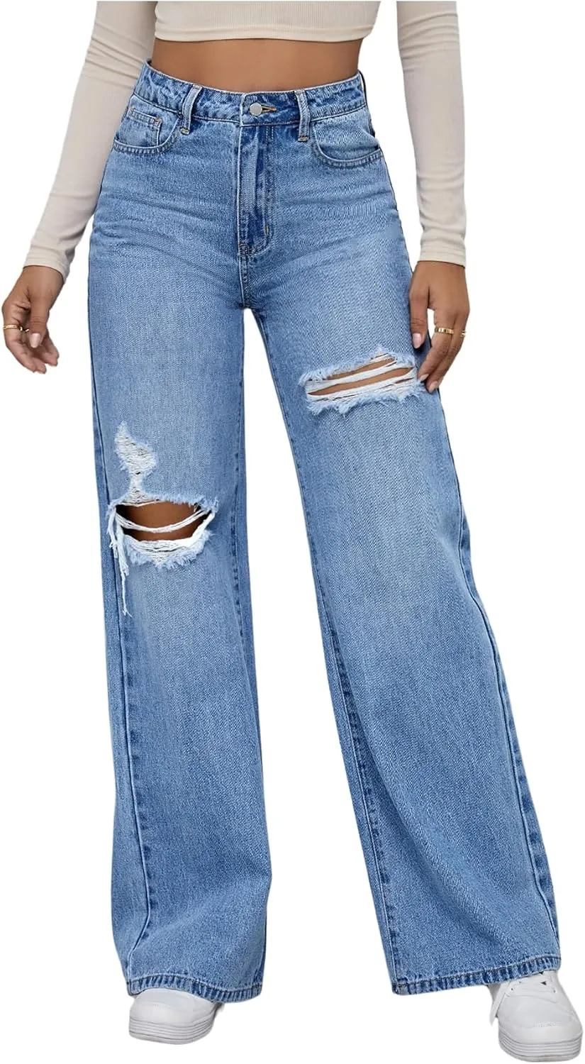WDIRARA Women's High Waisted Ripped Straight Leg Jeans Cut Out Button Denim Pants