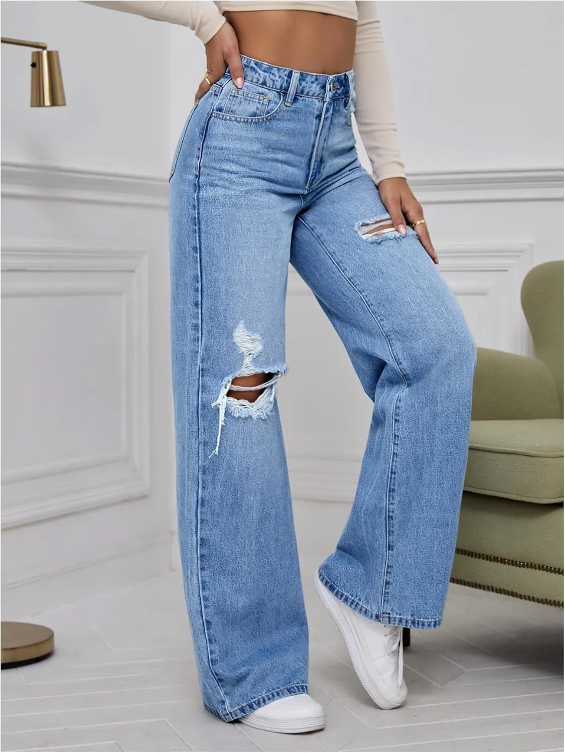 WDIRARA Women's High Waisted Ripped Straight Leg Jeans Cut Out Button Denim Pants