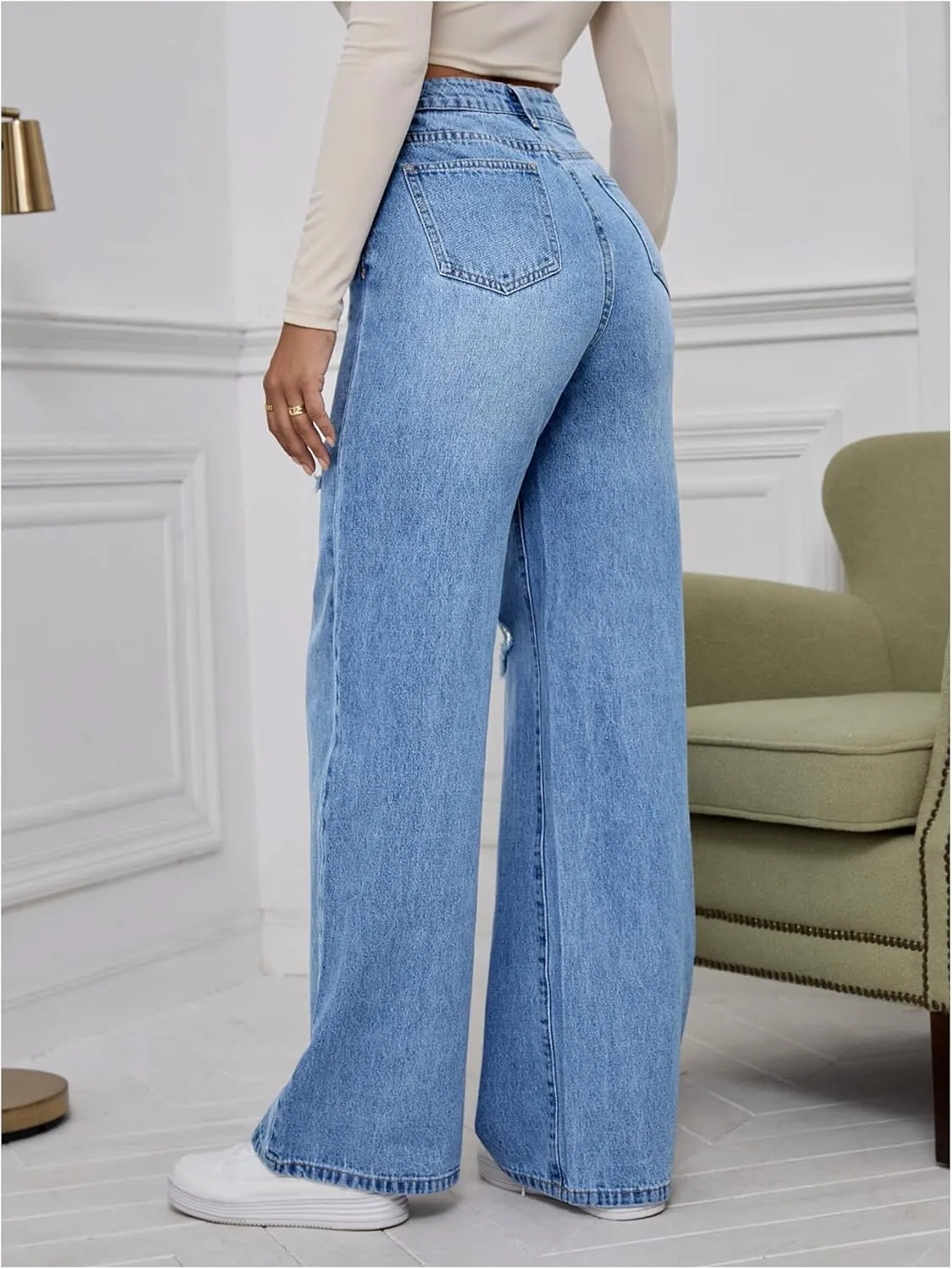 WDIRARA Women's High Waisted Ripped Straight Leg Jeans Cut Out Button Denim Pants