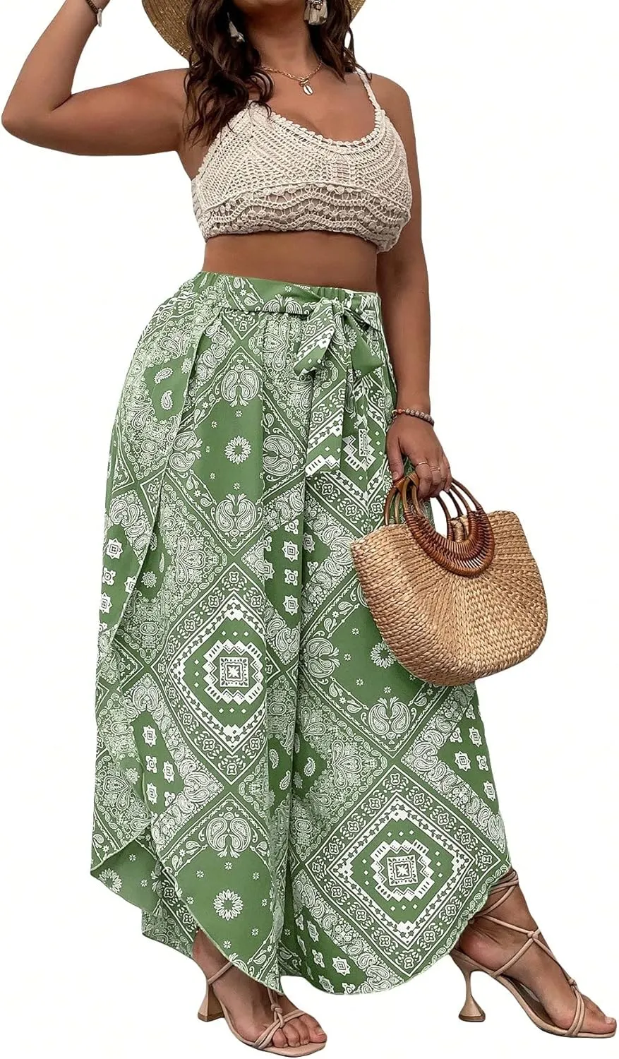 WDIRARA Women's Plus Size Printed Tie Front Wide Leg Pants Asymmetrical Hem Pants