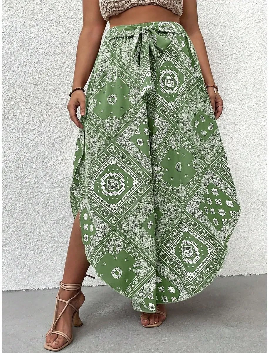 WDIRARA Women's Plus Size Printed Tie Front Wide Leg Pants Asymmetrical Hem Pants