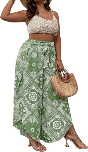 WDIRARA Women's Plus Size Printed Tie Front Wide Leg Pants Asymmetrical Hem Pants