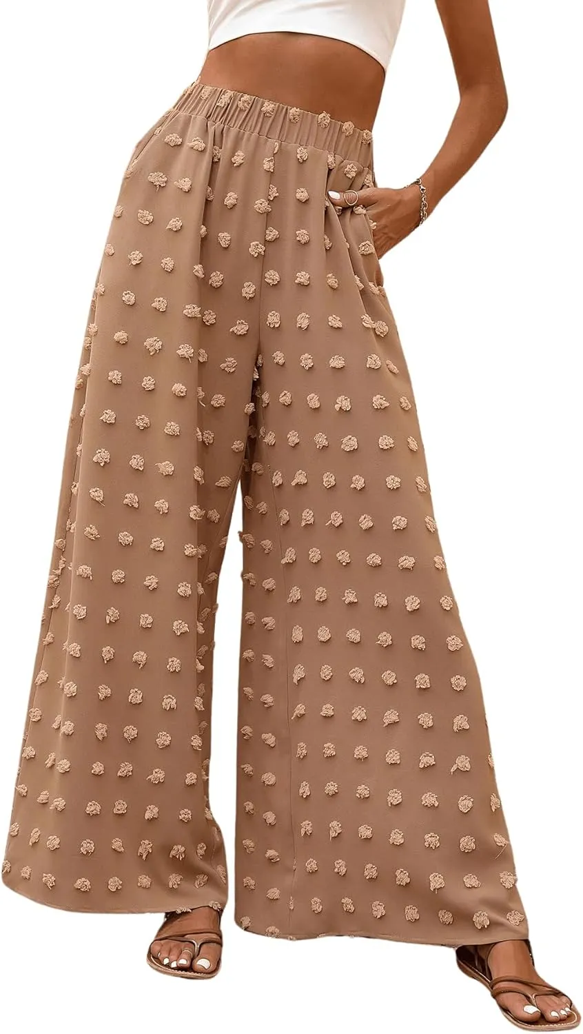 WDIRARA Women's Swiss Dots Elastic High Waist Loose Wide Leg Pants with Pockets