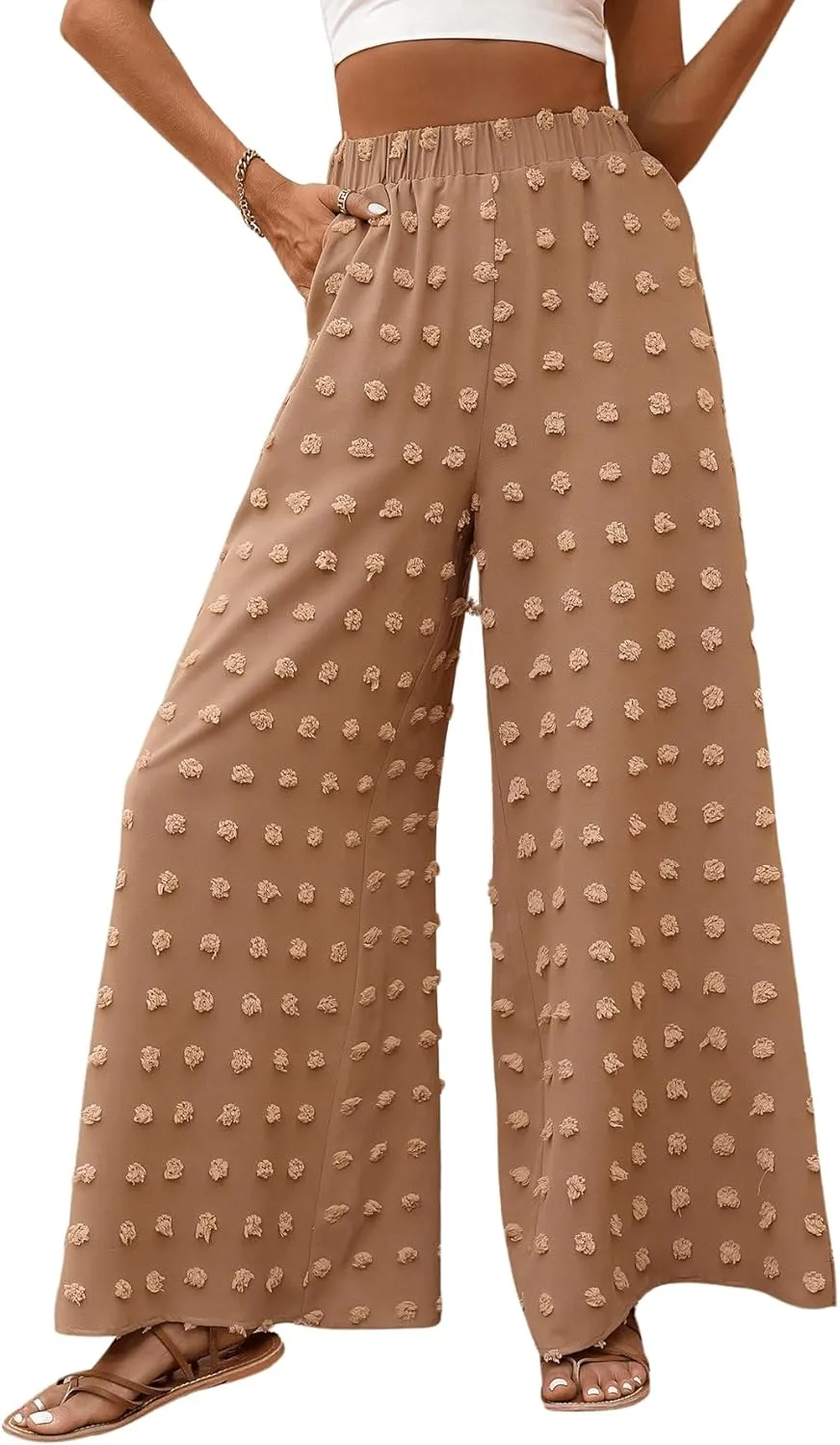 WDIRARA Women's Swiss Dots Elastic High Waist Loose Wide Leg Pants with Pockets