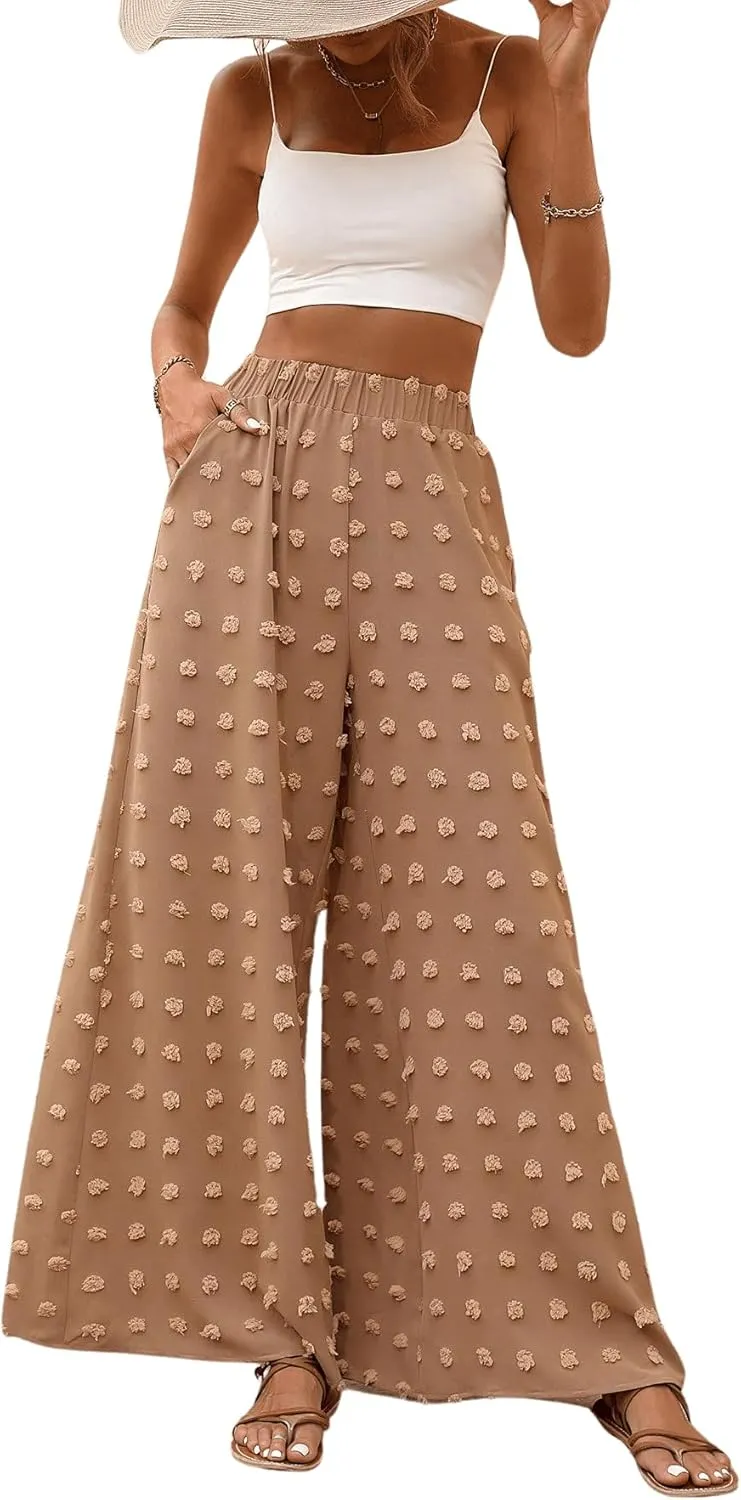 WDIRARA Women's Swiss Dots Elastic High Waist Loose Wide Leg Pants with Pockets