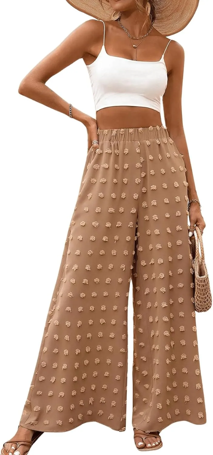 WDIRARA Women's Swiss Dots Elastic High Waist Loose Wide Leg Pants with Pockets