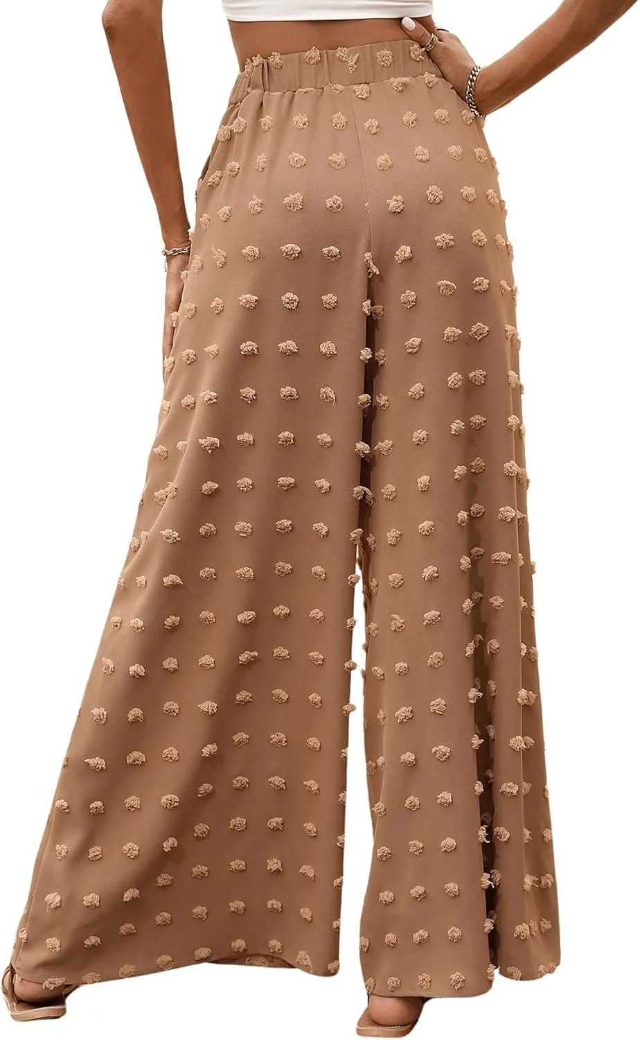 WDIRARA Women's Swiss Dots Elastic High Waist Loose Wide Leg Pants with Pockets