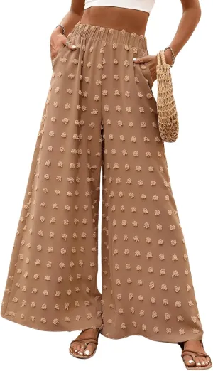 WDIRARA Women's Swiss Dots Elastic High Waist Loose Wide Leg Pants with Pockets