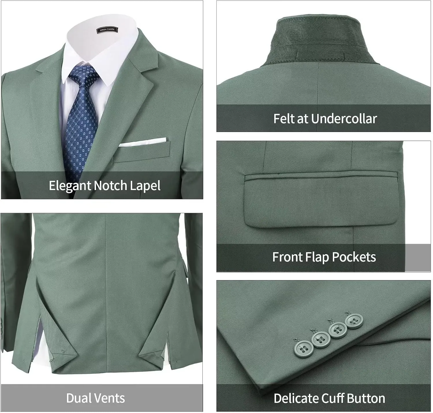WEEN CHARM Men's 3-Piece Slim Fit Suit Set-2-Button Blazer,Vest & Pants-Formal Wedding,Prom,Party & Business Tuxedo