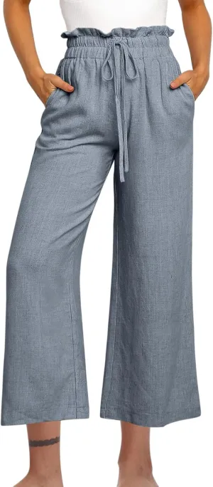 Wide Leg Linen Pants Women Drawstring Ruffle High Waisted Cropped Palazzo Pants Summer Casual Trousers with Pockets