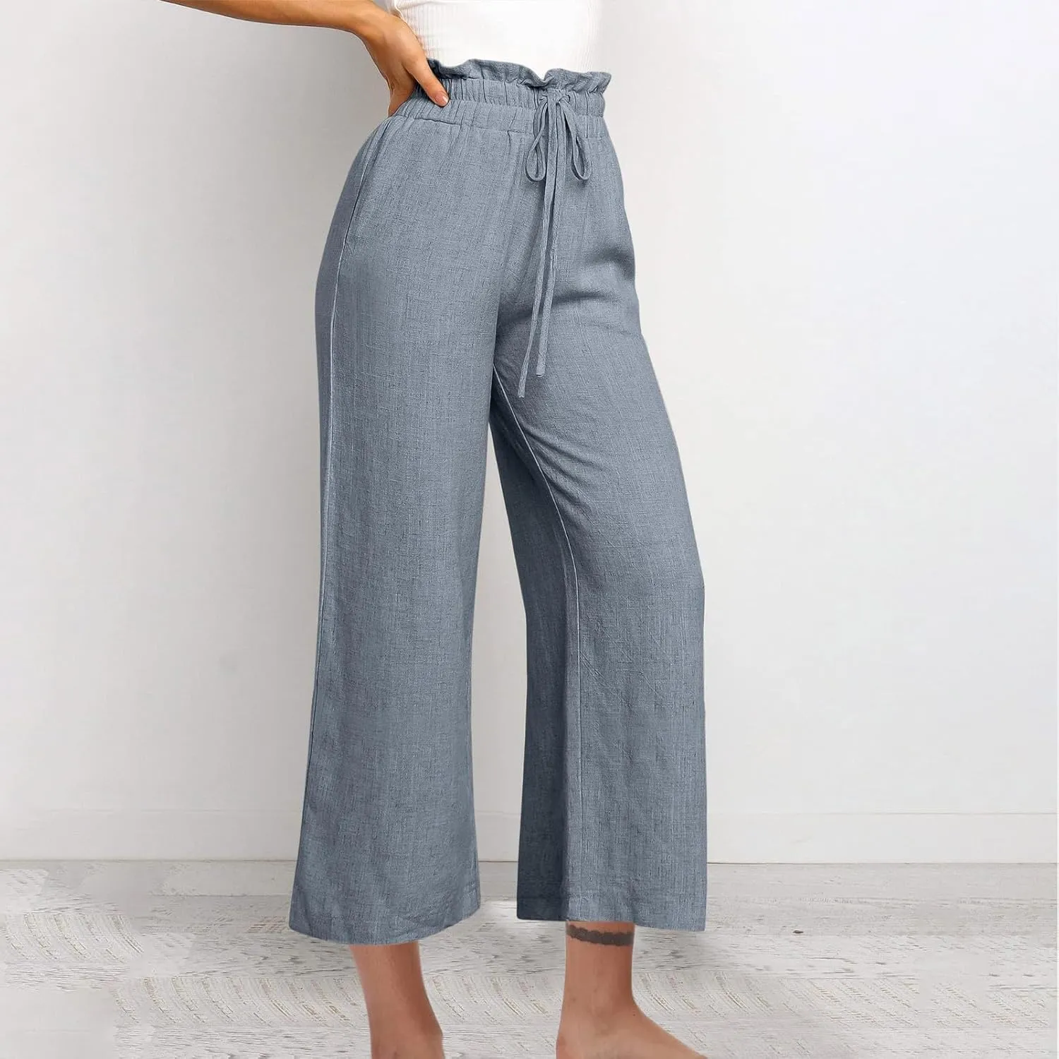 Wide Leg Linen Pants Women Drawstring Ruffle High Waisted Cropped Palazzo Pants Summer Casual Trousers with Pockets