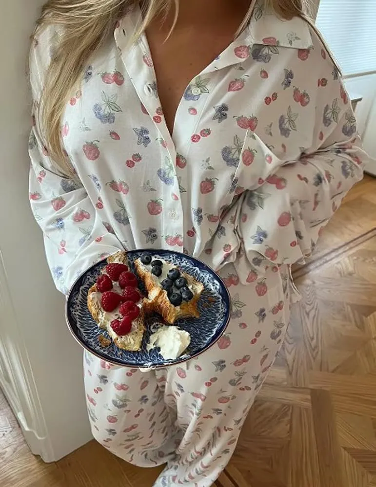 Women 2 Piece Floral Pajama Set Button Down Long Sleeve Wide Leg Fruit Set Cute Pjs Y2K Loungewear Sleepwear S-XL