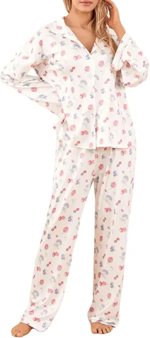 Women 2 Piece Floral Pajama Set Button Down Long Sleeve Wide Leg Fruit Set Cute Pjs Y2K Loungewear Sleepwear S-XL