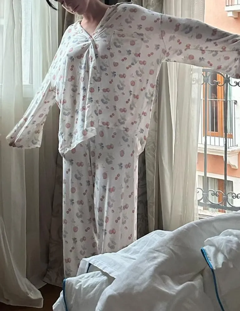 Women 2 Piece Floral Pajama Set Button Down Long Sleeve Wide Leg Fruit Set Cute Pjs Y2K Loungewear Sleepwear S-XL