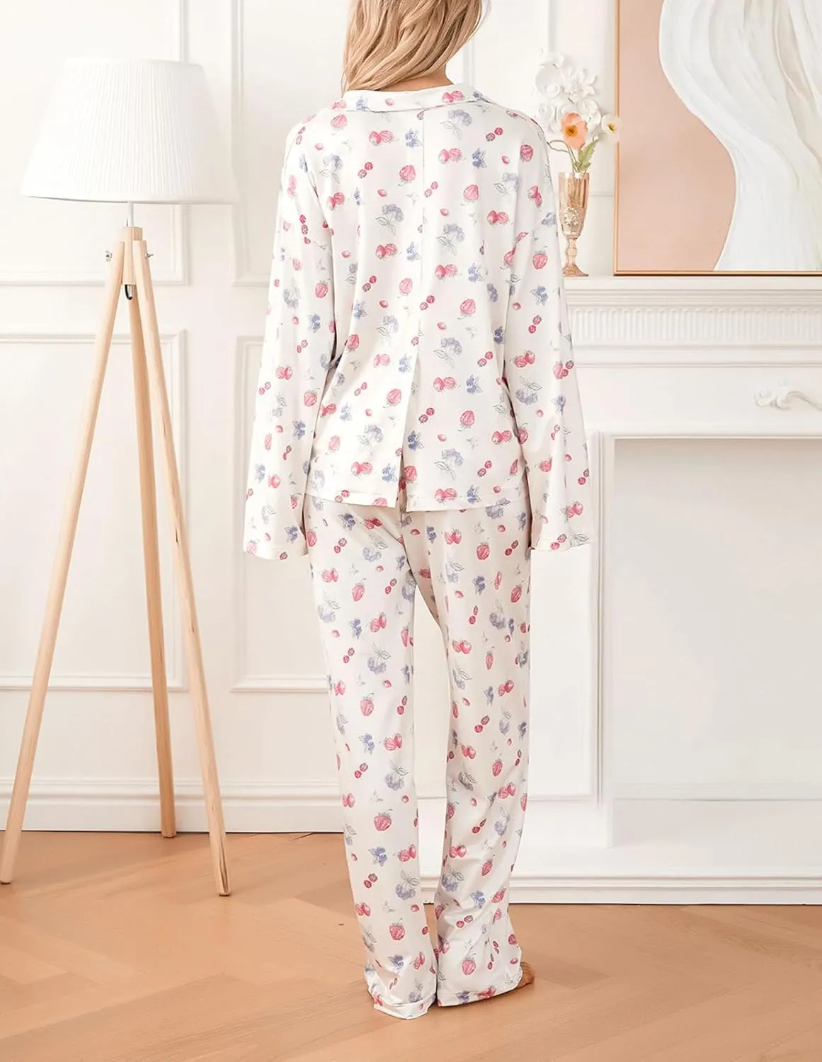 Women 2 Piece Floral Pajama Set Button Down Long Sleeve Wide Leg Fruit Set Cute Pjs Y2K Loungewear Sleepwear S-XL
