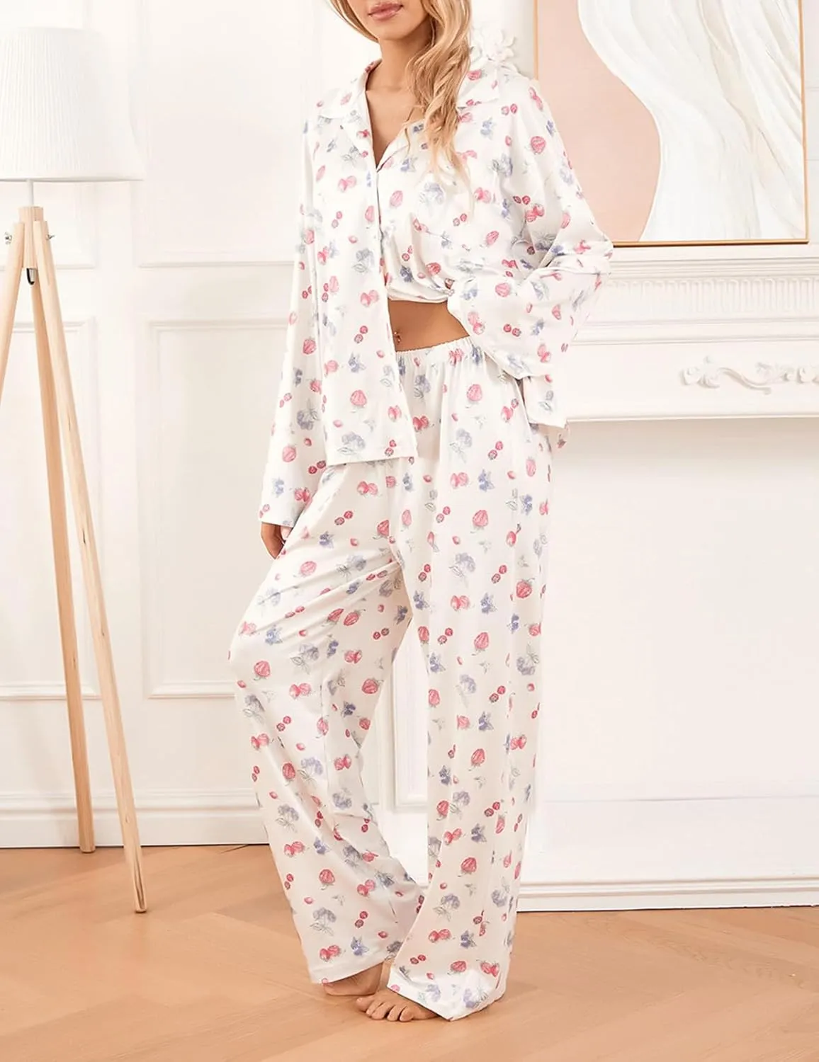 Women 2 Piece Floral Pajama Set Button Down Long Sleeve Wide Leg Fruit Set Cute Pjs Y2K Loungewear Sleepwear S-XL