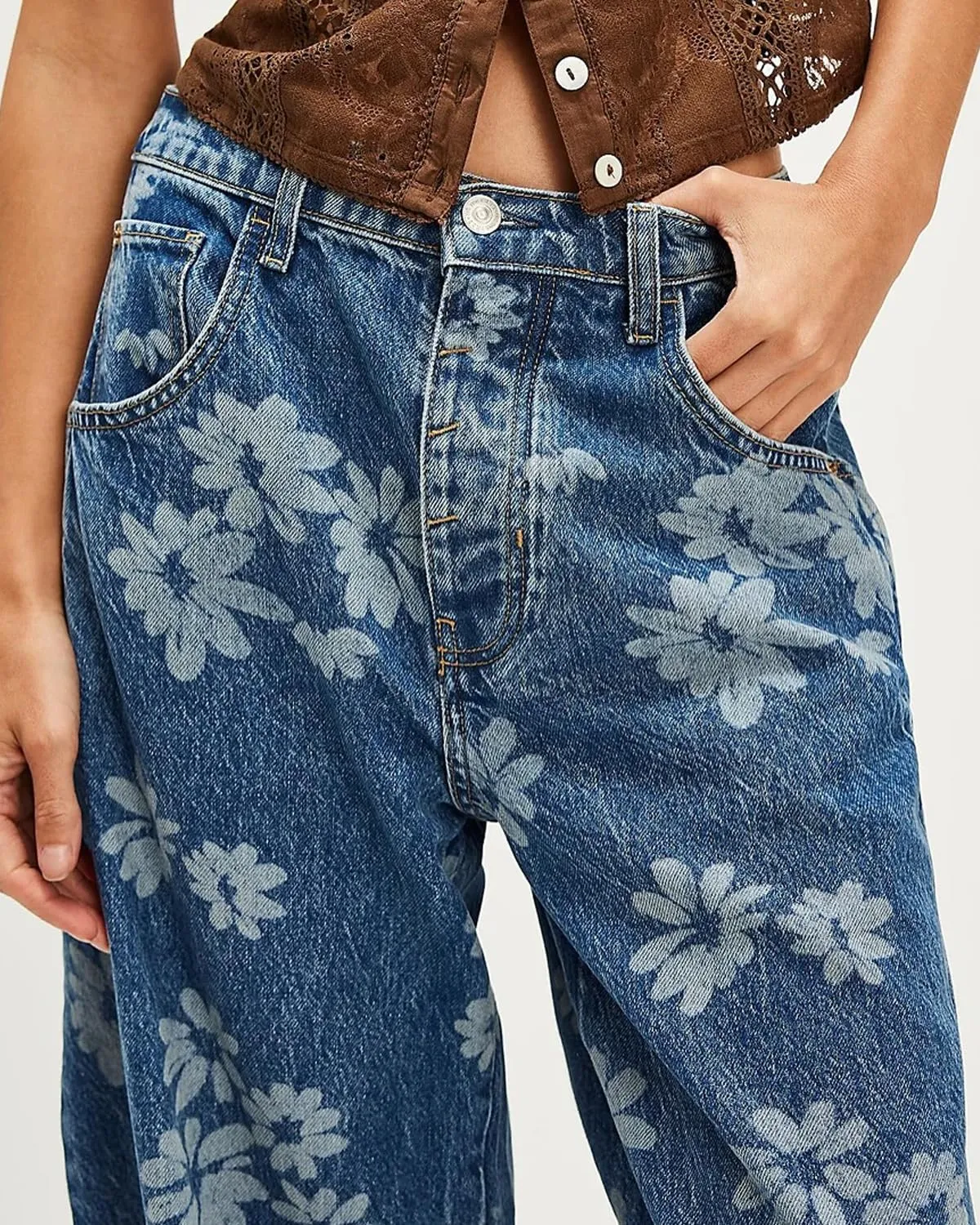Women Barrel Jeans Casual Wide Leg Baggy Daisy Printed Pants Y2k Boyfriend Mid Rise Denim Ankle Pants