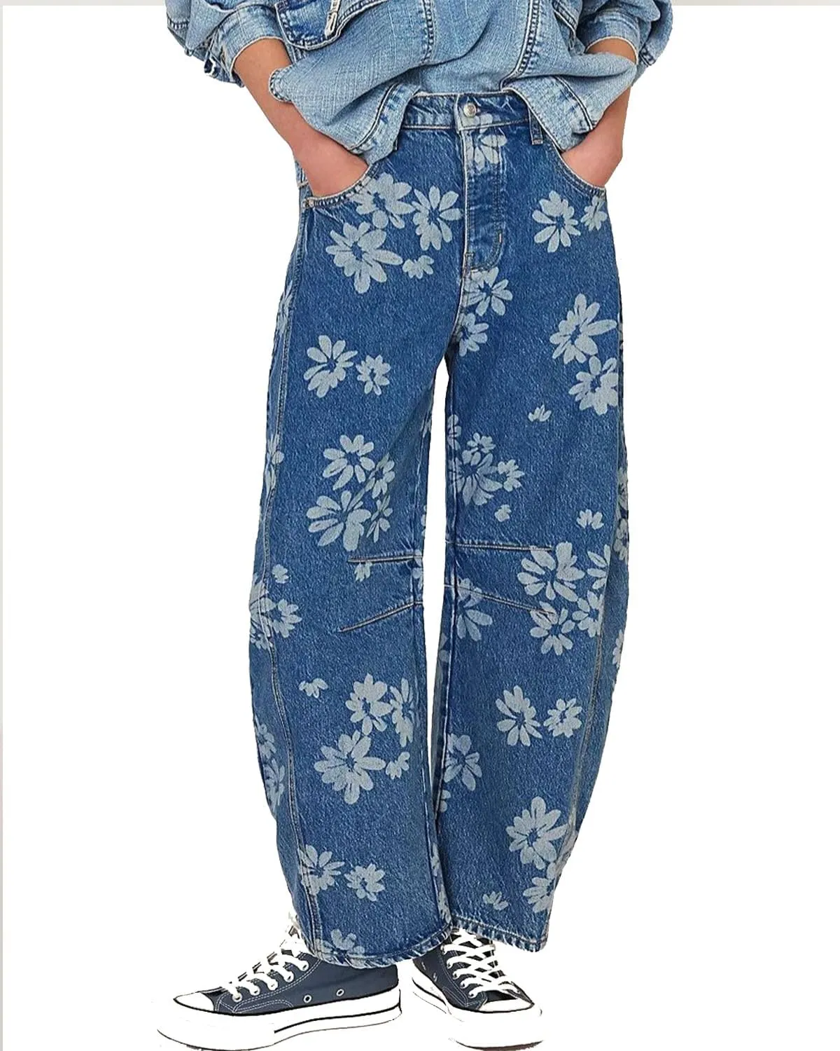 Women Barrel Jeans Casual Wide Leg Baggy Daisy Printed Pants Y2k Boyfriend Mid Rise Denim Ankle Pants