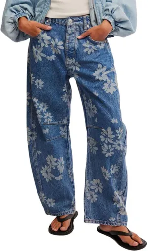 Women Barrel Jeans Casual Wide Leg Baggy Daisy Printed Pants Y2k Boyfriend Mid Rise Denim Ankle Pants