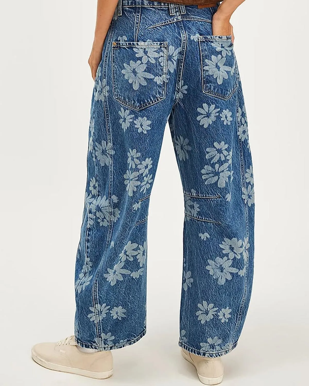 Women Barrel Jeans Casual Wide Leg Baggy Daisy Printed Pants Y2k Boyfriend Mid Rise Denim Ankle Pants