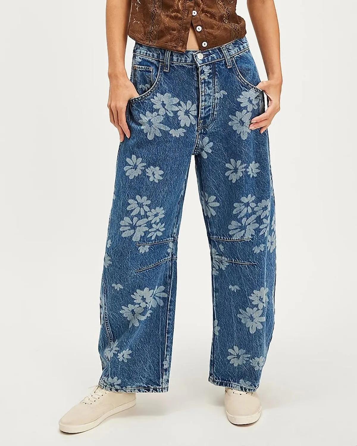 Women Barrel Jeans Casual Wide Leg Baggy Daisy Printed Pants Y2k Boyfriend Mid Rise Denim Ankle Pants