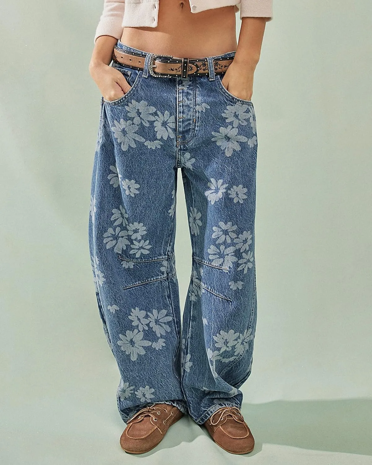 Women Barrel Jeans Casual Wide Leg Baggy Daisy Printed Pants Y2k Boyfriend Mid Rise Denim Ankle Pants