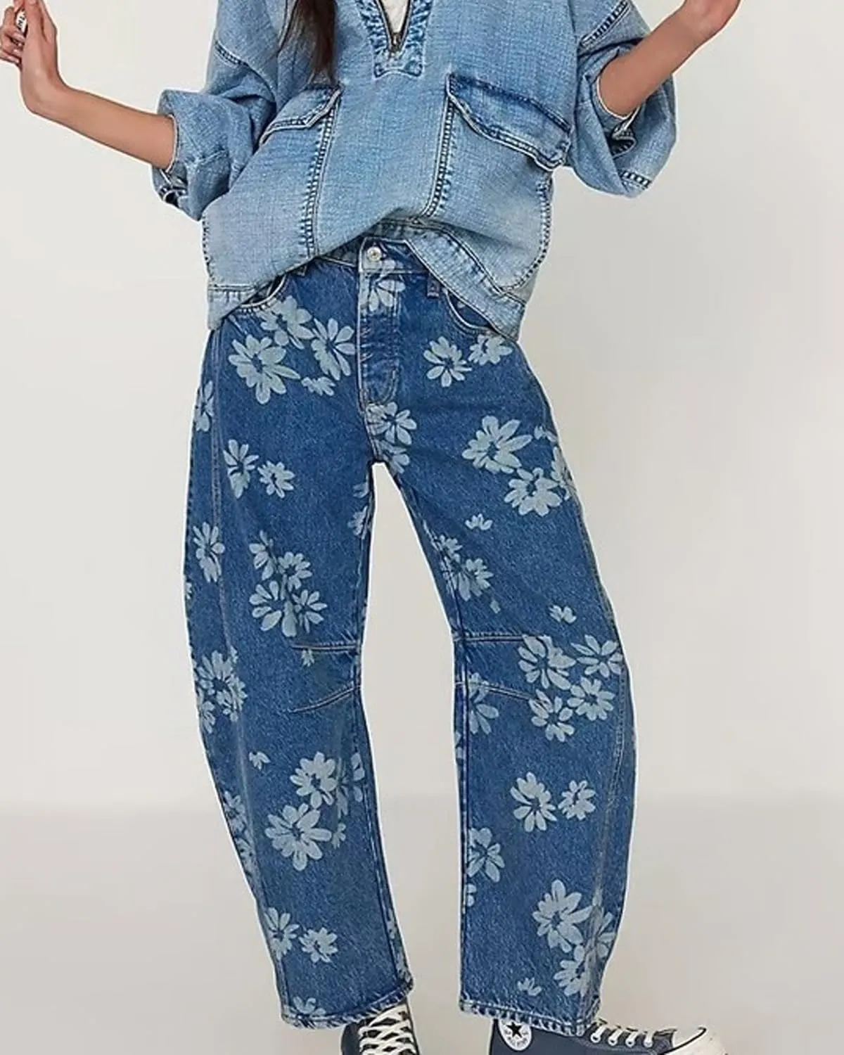 Women Barrel Jeans Casual Wide Leg Baggy Daisy Printed Pants Y2k Boyfriend Mid Rise Denim Ankle Pants