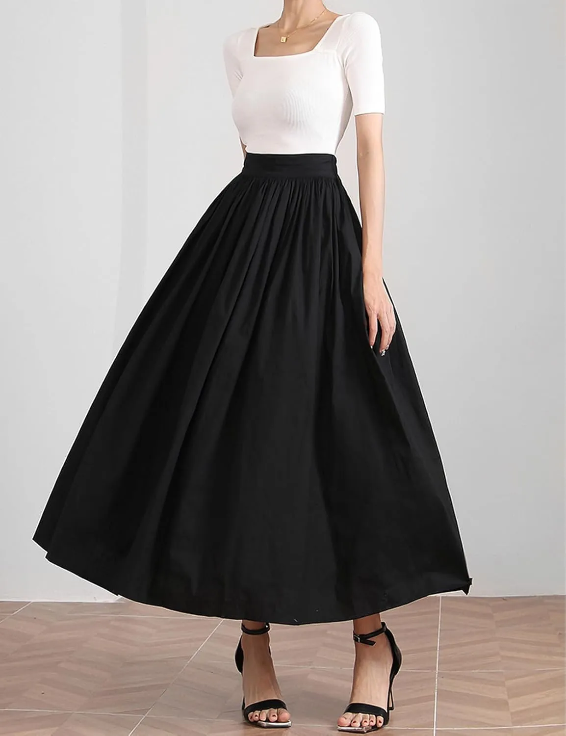 Women Long Skirt 100% Cotton with Elastic Waist A-Line Vintage Pleated Midi Skirt with 2 Pockets