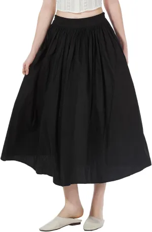 Women Long Skirt 100% Cotton with Elastic Waist A-Line Vintage Pleated Midi Skirt with 2 Pockets