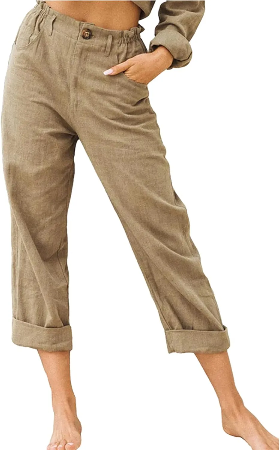 Women Pants Solid Color Straight Trousers Slim Fit High Waist Long Pants with Pockets
