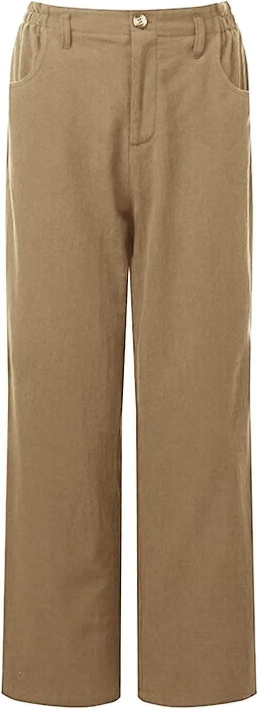 Women Pants Solid Color Straight Trousers Slim Fit High Waist Long Pants with Pockets