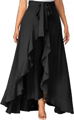 Women Ruffle Pants Split High Waist Maxi Long Crepe Palazzo Overlay Pant Skirt Night Club Cocktail Party Gift