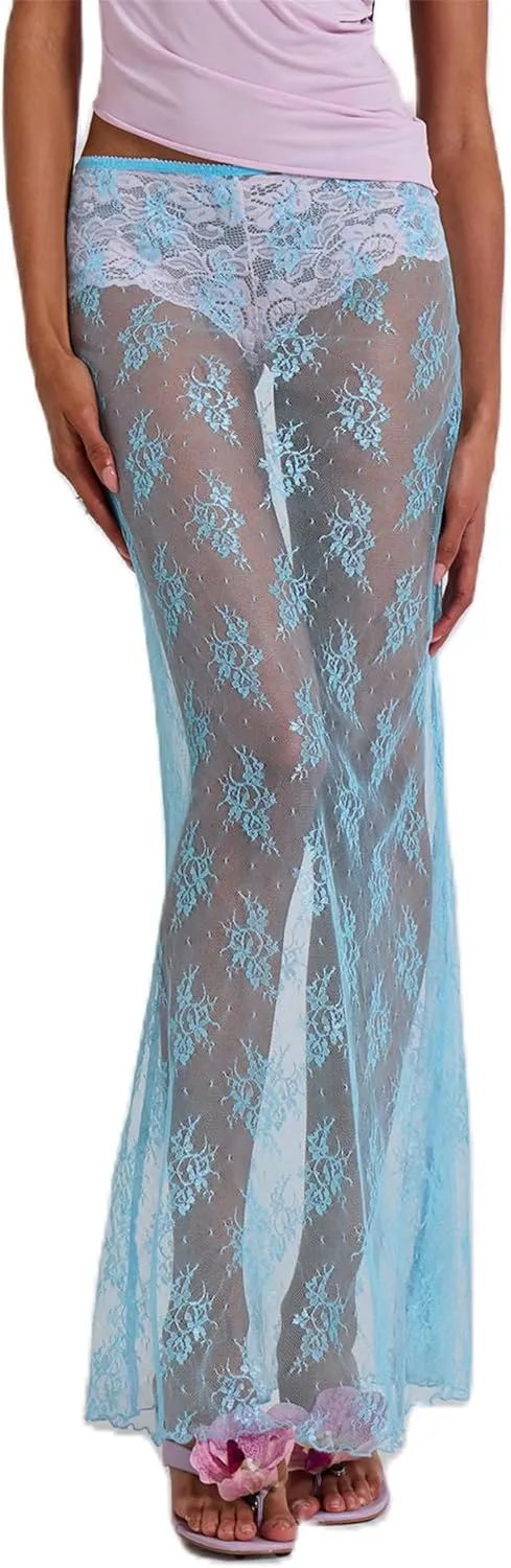 Women Sexy Lace Sheer Maxi Skirt Y2k Floral Lace Mesh Beach Cover-up Long Skirts Fairy Aesthetic Coquette Streetwear