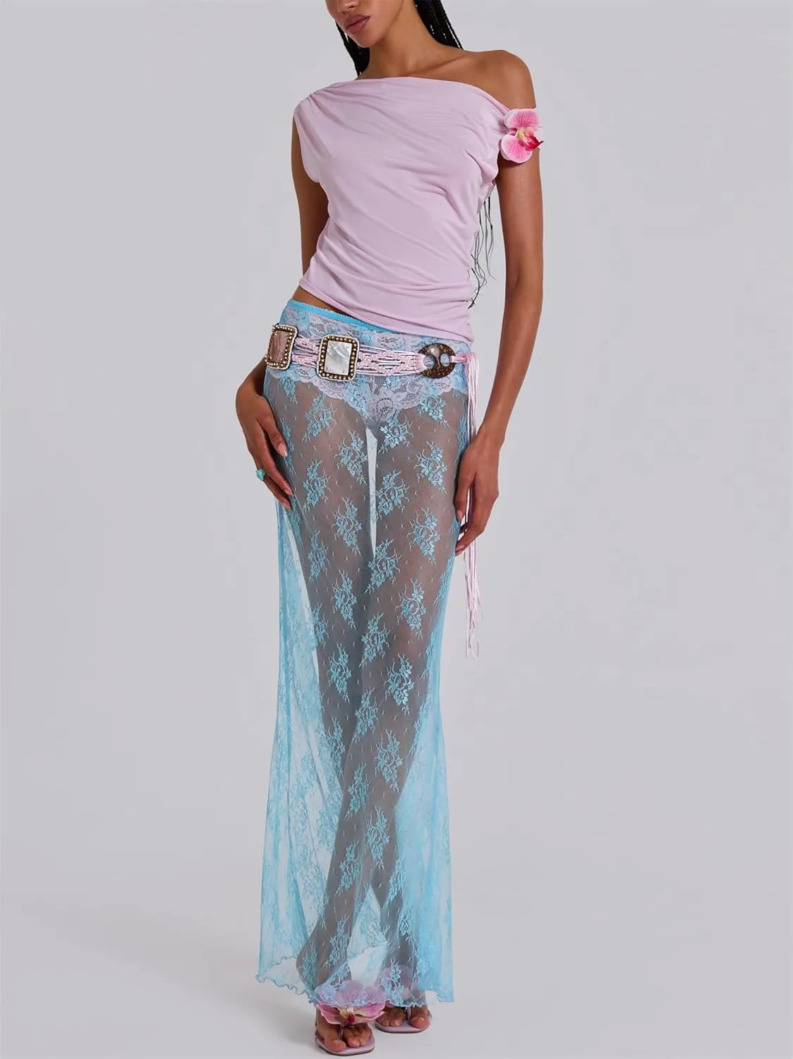 Women Sexy Lace Sheer Maxi Skirt Y2k Floral Lace Mesh Beach Cover-up Long Skirts Fairy Aesthetic Coquette Streetwear