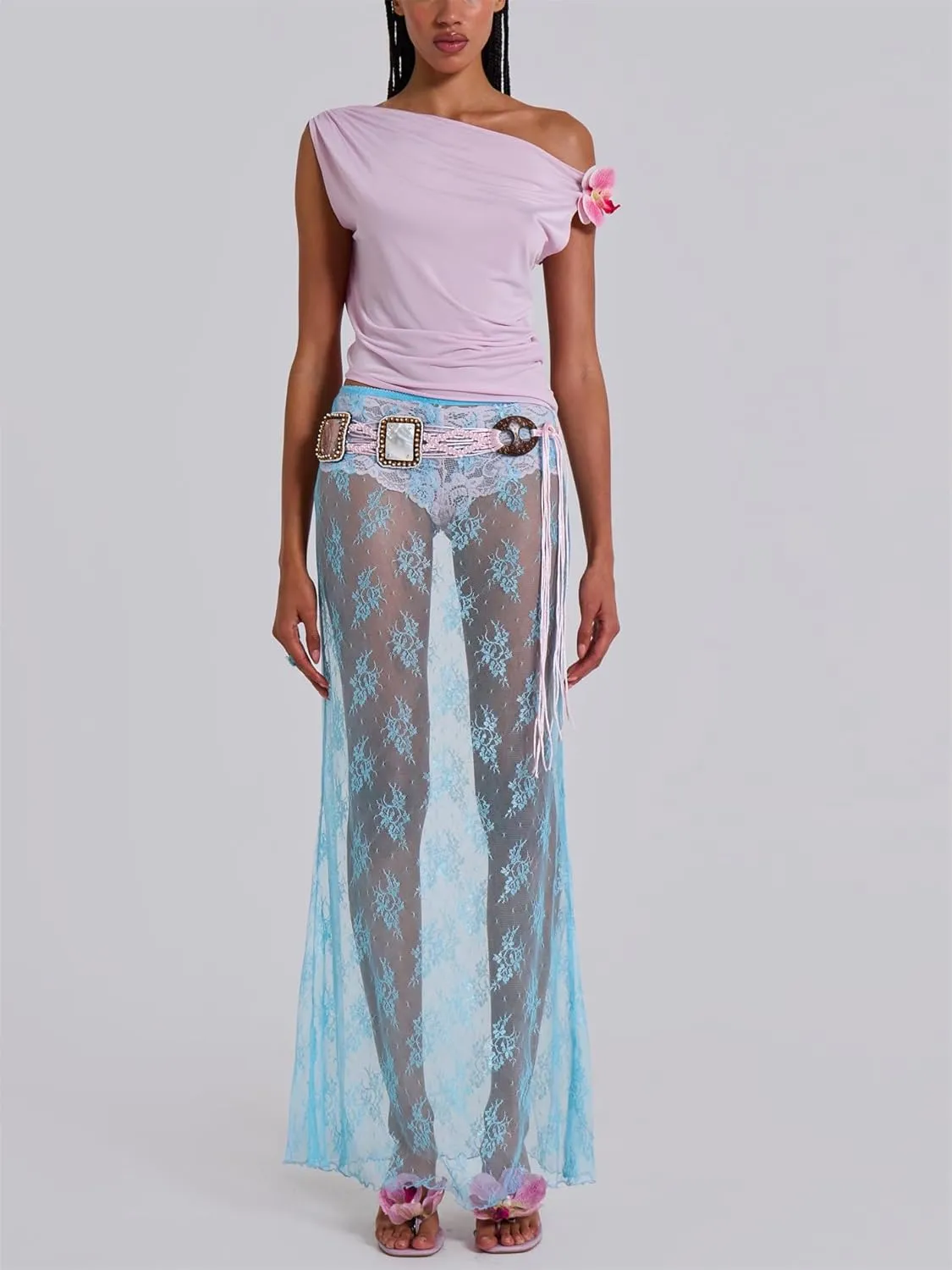 Women Sexy Lace Sheer Maxi Skirt Y2k Floral Lace Mesh Beach Cover-up Long Skirts Fairy Aesthetic Coquette Streetwear