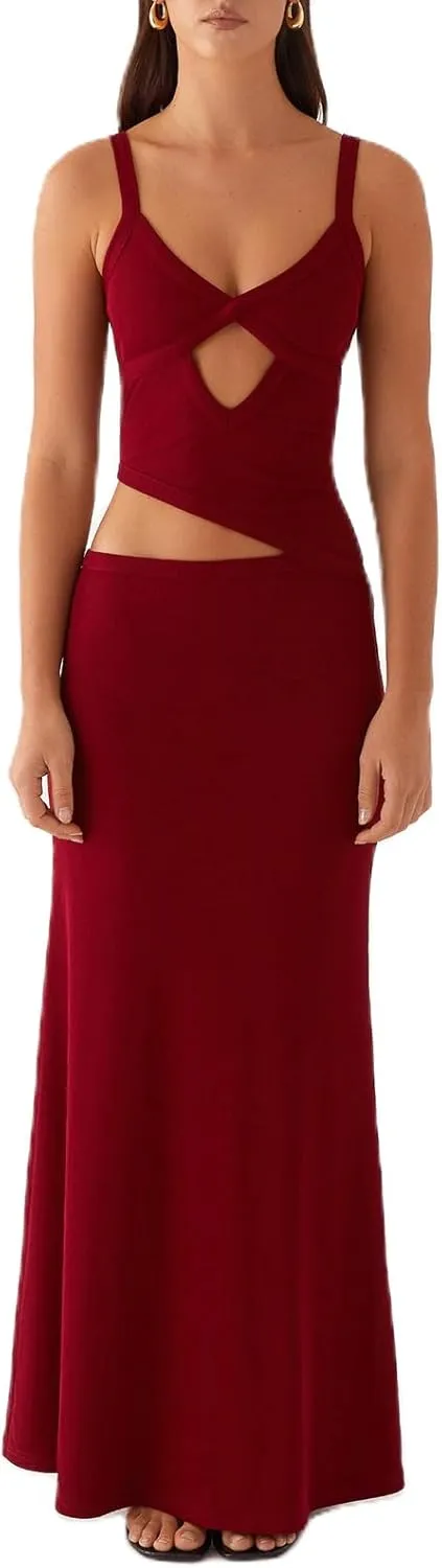 Women Spaghetti Strap Cut Out Maxi Dress Elegant Formal Cocktail Dresses Backless V-Neck Bodycon Long Slip Dress 2025