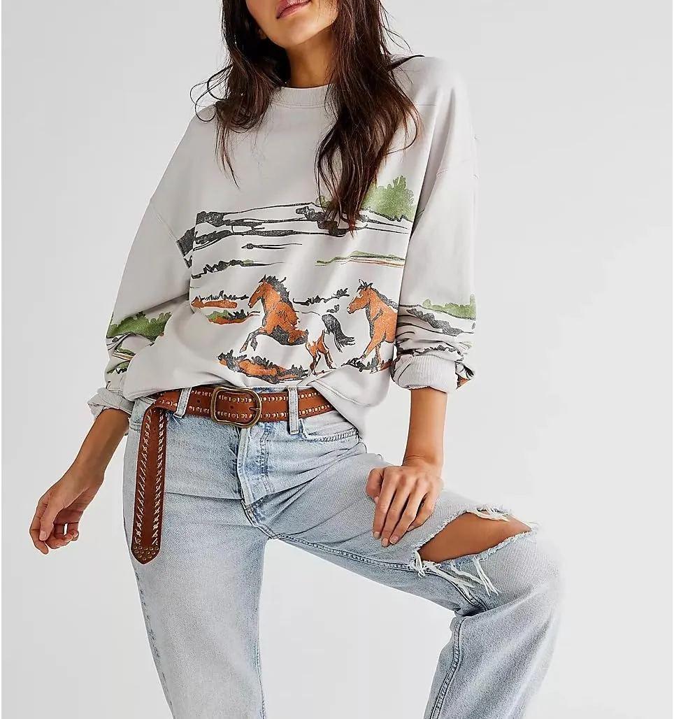 Women Star Striped Graphic Sweatshirt Long Sleeve Crew Neck Oversized Hoodie Casual Drop Shoulder Pullover Jacket