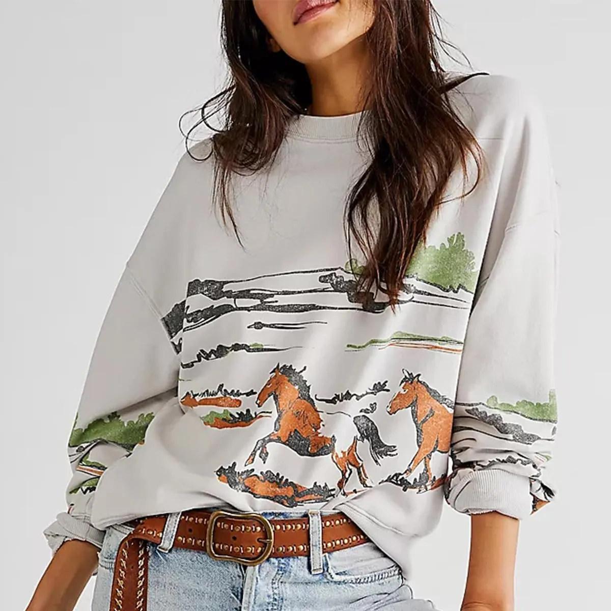 Women Star Striped Graphic Sweatshirt Long Sleeve Crew Neck Oversized Hoodie Casual Drop Shoulder Pullover Jacket