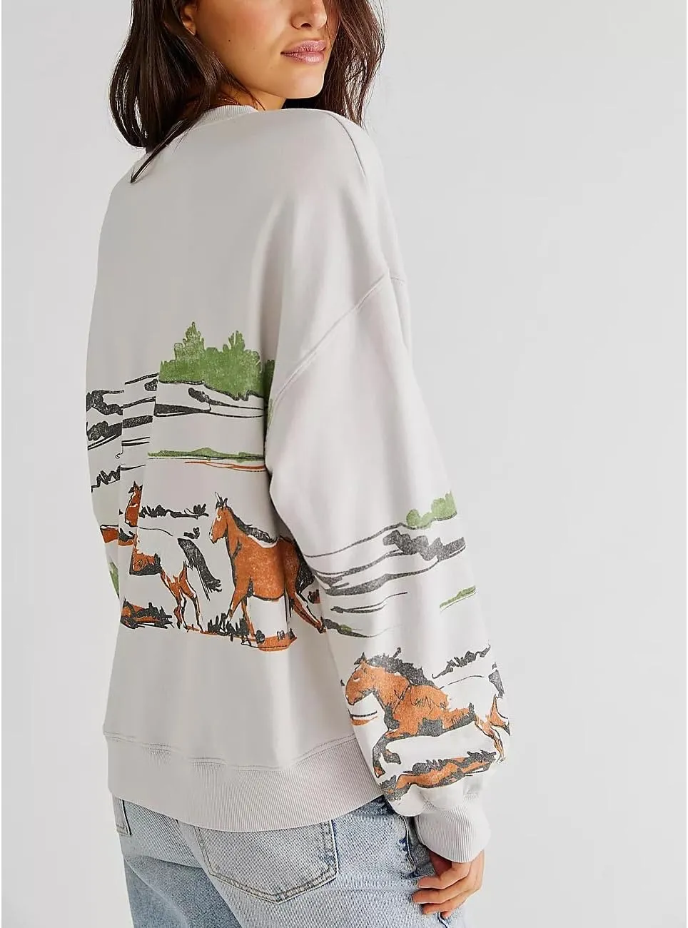 Women Star Striped Graphic Sweatshirt Long Sleeve Crew Neck Oversized Hoodie Casual Drop Shoulder Pullover Jacket