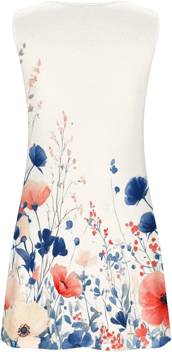 Women Summer Dresses Scoop Neck O-Ring Shoulder Sleeveless Button Tank Sundress 2025 Casual Beach A-Line Mini Dress