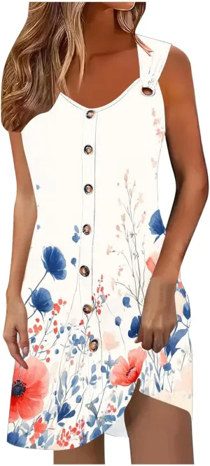 Women Summer Dresses Scoop Neck O-Ring Shoulder Sleeveless Button Tank Sundress 2025 Casual Beach A-Line Mini Dress