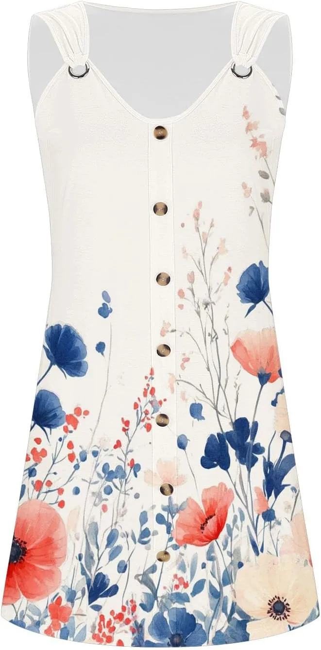 Women Summer Dresses Scoop Neck O-Ring Shoulder Sleeveless Button Tank Sundress 2025 Casual Beach A-Line Mini Dress