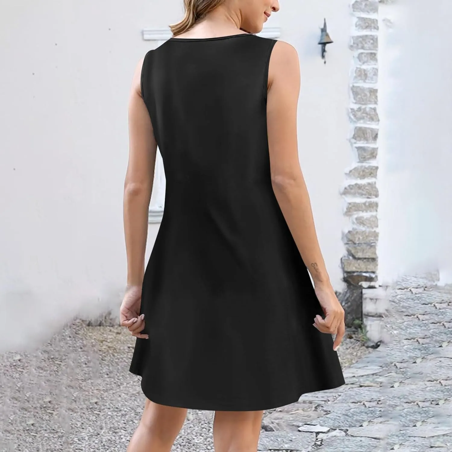 Women Summer Dresses Scoop Neck O-Ring Shoulder Sleeveless Button Tank Sundress 2025 Casual Beach A-Line Mini Dress