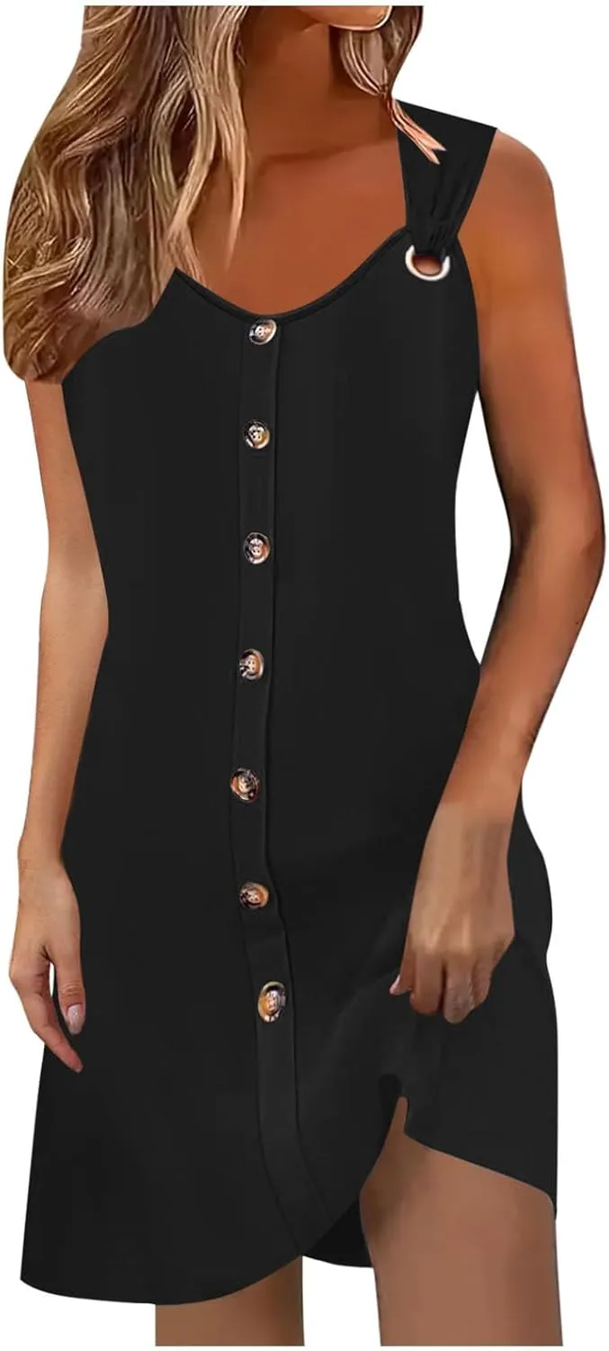 Women Summer Dresses Scoop Neck O-Ring Shoulder Sleeveless Button Tank Sundress 2025 Casual Beach A-Line Mini Dress