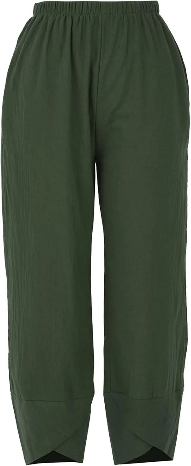 Women Summer Plus Size Cotton Linen Pants Loose Casual Wide Leg Cropped Trousers with Pockets S-5XL