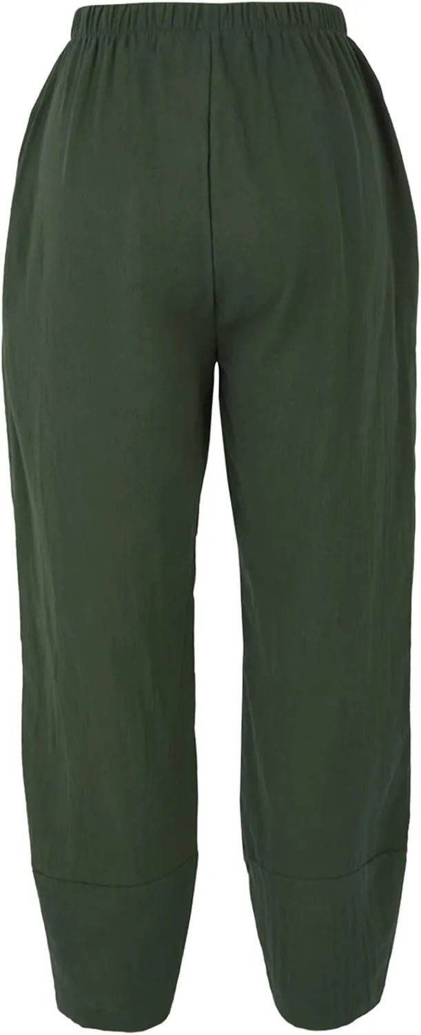 Women Summer Plus Size Cotton Linen Pants Loose Casual Wide Leg Cropped Trousers with Pockets S-5XL