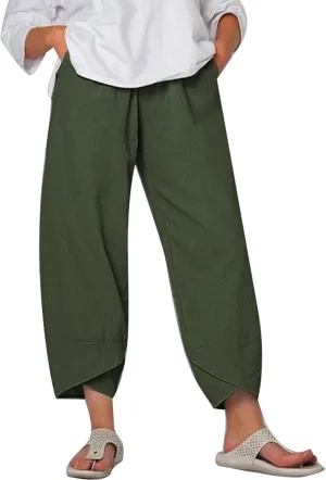Women Summer Plus Size Cotton Linen Pants Loose Casual Wide Leg Cropped Trousers with Pockets S-5XL