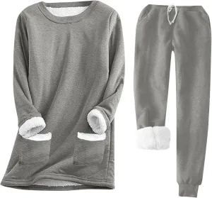 Women Warm Pajama Set Fleece Lined Long Sleeve Crewneck Sweatshirt Pullover Thicken High Waist Pants Loungewear