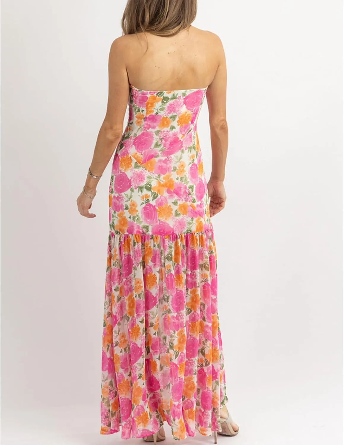 Women Y2k Floral Ptint Mesh Tube Top Dress Sexy Backless High Slit Maxi Dresses Strapless Summer Beach Sundress